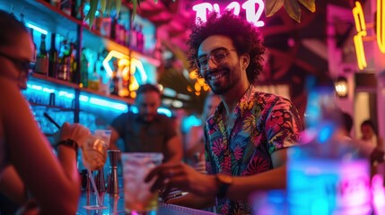 Obraz premium Barman shaking a cocktail mixer energetically, neon lights creating a vivid scene, bar patrons chatting and enjoying their drinks