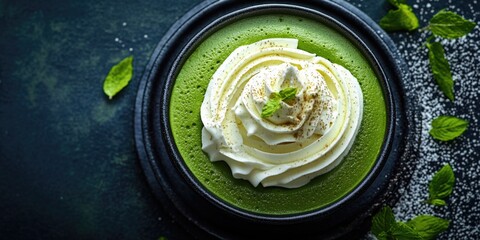 Green dessert with whipped cream and mint