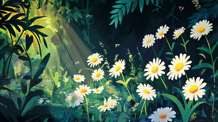 Sunlit daisy bloom in lush garden, spring natural flowers. Sunlit. Illustration