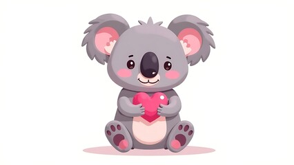 Naklejka premium Koala holding a pink heart in her hands, white background