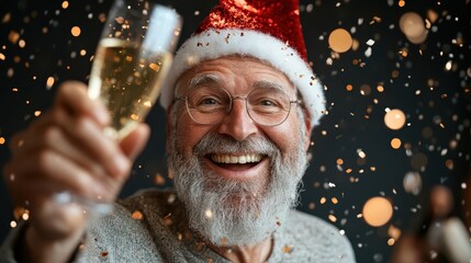 An elderly man wearing a Santa hat raises a glass amidst falling confetti, displaying joy and festivities, embodying the holiday spirit and jolliness galore.