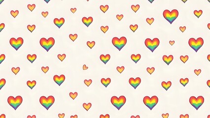 A seamless pattern of small rainbow hearts on a soft pastel background, ideal for textiles, packaging, and decorative designs celebrating LGBTQ+ pride and love.