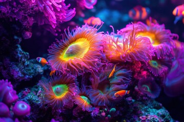 Obraz premium Colorful coral reef teeming with life under vibrant aquarium lighting at a marine exhibit