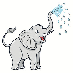 A delighted elephant blowing water from its trunk in the air
