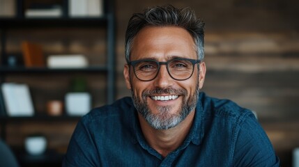 The image depicts a smiling man wearing glasses and a denim shirt, sitting confidently in his home office with a blurred bookshelf in the background.