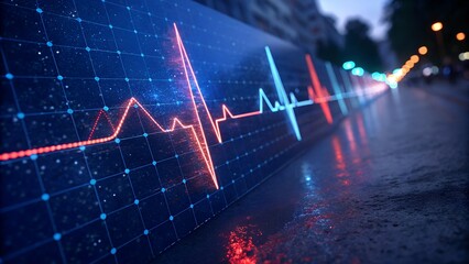 A dynamic and futuristic image depicting a vibrant, glowing EKG line tracing across a dark, digital surface