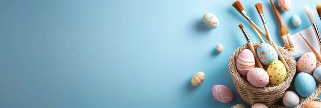 A colorful collection of decorated Easter eggs in a cozy basket with art tools, set against a calming blue background, celebrating the joy and warmth of Easter traditions and family moments
