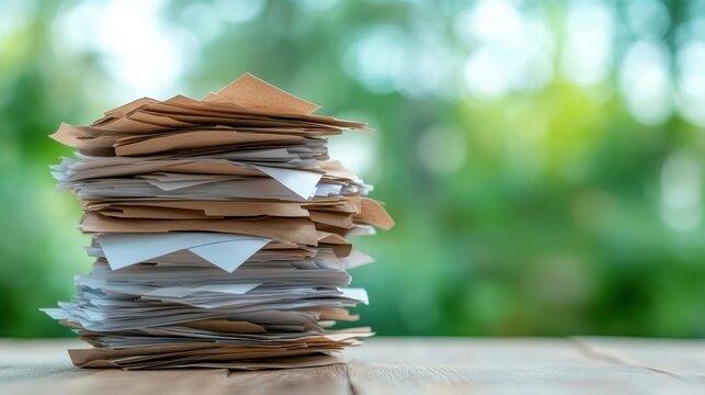 An assorted stack of paper sheets resting on a wooden surface is set against a blurred garden background, representing workload and organization task.
