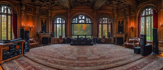 Obraz premium Luxurious home theater in a grand room with large screen, ornate woodwork, and high-end audio system.