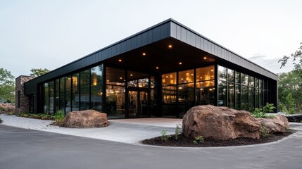 A sleek black building with expansive glass walls, complemented by large ornamental rocks in a landscaped exterior, exuding modern architectural elegance.