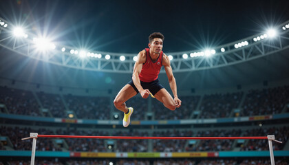 Male athlete performing high jump in stadium with bright lights and crowd
