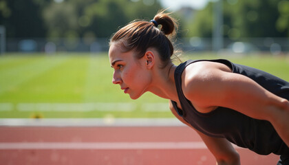 Female athlete preparing to run on the track field under sunny day