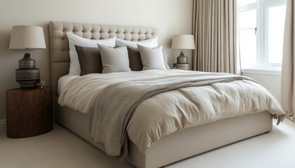 Fototapeta premium Luxurious Beige Bedroom Interior Design Modern Bed Neutral Tones Soft Textures Comfortable Bedding