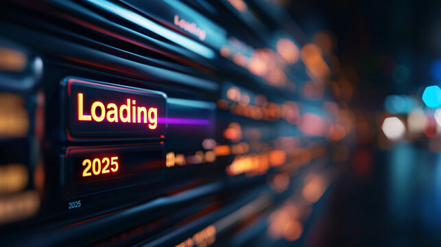 2025 is Loading... A vibrant 3D digital display anticipates the future, glowing with futuristic red and purple hues against a blurred city backdrop.  Prepare for the next year!