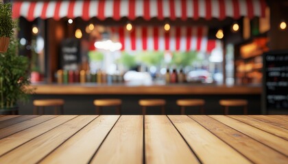 Wooden Table Blurred Cafe Background Bar Stools Red Stripes Outdoor View