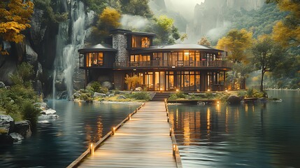 Obraz premium Luxurious modern house by a lake and waterfall at dusk.