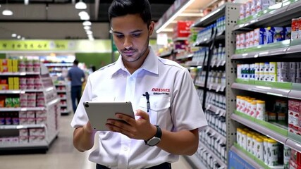 Supermarket worker checks stock on a tablet, with organized shelves in background. - Powered by Adobe