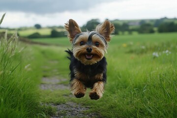 Vibrant DSLR photo of a running Yorkie in nature