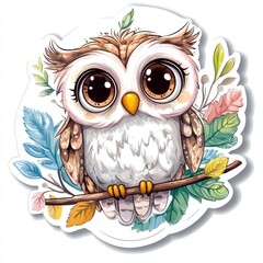Fototapeta premium Adorable cartoon owl perched on branch with leaves.