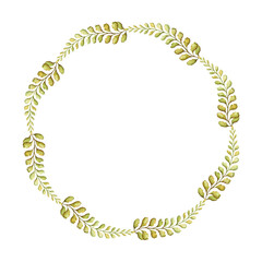 Round thin wreath with fern leaves botanical card template in earth tone. Hand drawn watercolor elegant floral frame. Perfect for the use of ecological material and modern designs.