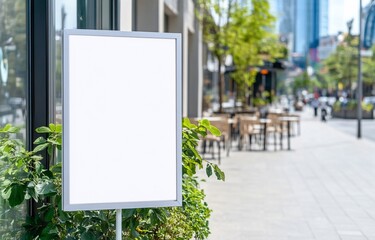 A blank outdoor sign in an urban setting near dining tables.