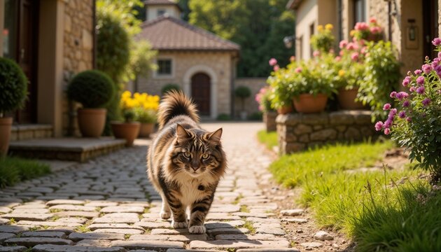 Norwegian Forest cat walking on cobblestone path with flowers