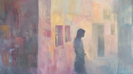 Obraz premium Dreamlike Oil Painting: Solitary Figure in a Softly Lit Alleyway. AI Generated
