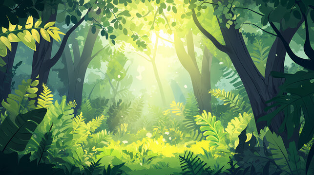 Softly glowing sunlit forest with tall trees and lush greenery, ferns, foliage , trees. Sunlit. Illustration