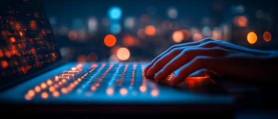 Hand typing on laptop at night.