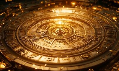 Fototapeta premium Golden celestial mechanism, intricate details, glowing.