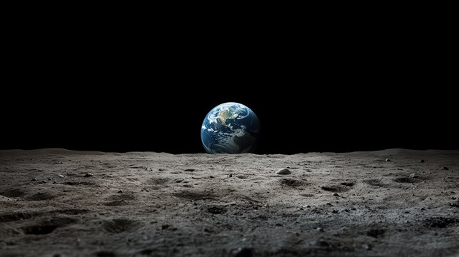 The Earth is seen rising over the lunar surface, showcasing the stark contrast between the barren moon and the vibrant blue planet, highlighting space exploration. - Powered by Adobe