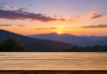 empty wooden table with sunset and mountains in background