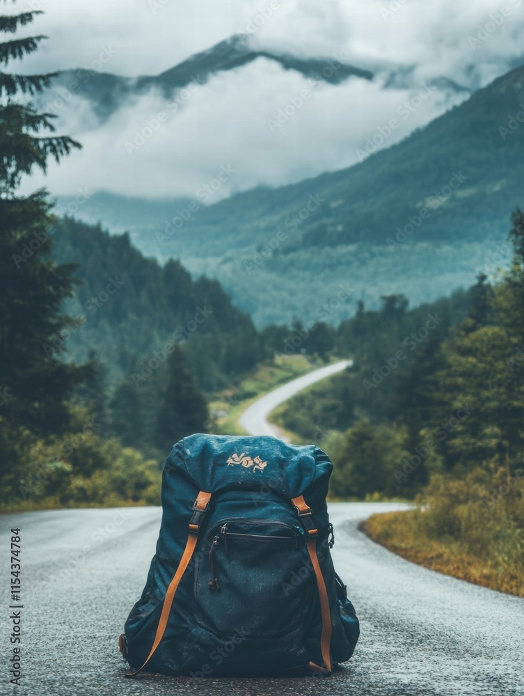 Poster travelers backpack rests on a winding road surrounded by mountains and forested landscape in a cloud