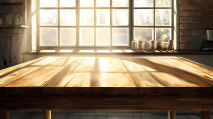 Empty wooden table in a sunlit modern kitchen, perfect for product montage or showcasing culinary items. Sunlit. Illustration