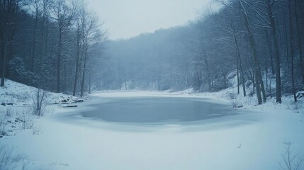 Fototapeta premium Frozen lake in snowy winter forest.