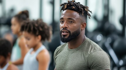 An athletic man with intricate hairstyle guides a dynamic and diverse children's fitness class, highlighting leadership, energy, and inclusivity in an active environment.