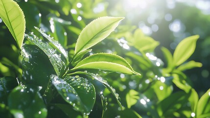 Obraz premium Close-up of vibrant green leaves glistening with water droplets.