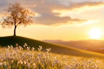 Naklejka premium Easter is depicted in a vibrant sunset over a blooming flower field with a solitary tree on a hill, evoking joy, hope, and renewal, capturing the essence of the holiday in a serene manner