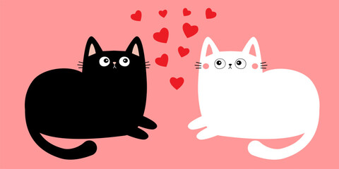 White Black laying cat girl boy. Cute sad face head. Kitten love couple. Red heart set. Happy Valentines Day. Cartoon kitty character. Kawaii animal. Love card. Flat design. Pink background. Vector
