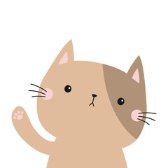 Cute cat waving hand. Funny kitten sad face head. Cartoon kawaii baby character. Pet animal. Pink ears, paw print. Valentines day. Sticker print. Flat design. White background. Vector illustration