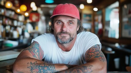 A rugged man with a red cap and tattooed arms leans confidently over a counter in a cozy setting, showcasing a blend of modern style and casual charm.