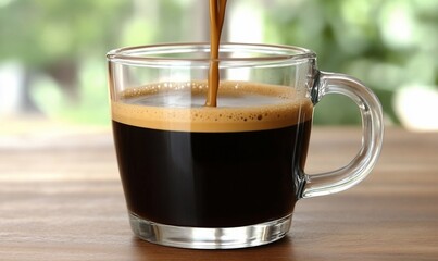 Naklejka premium Espresso pouring into clear glass mug on wooden table.