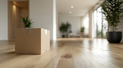 A cardboard box sits alone on a smooth wooden floor, bathed in natural light from nearby windows in a minimalist and bright room with potted plants.