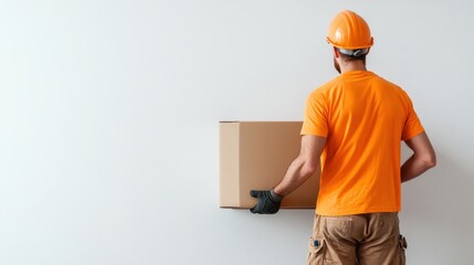 A worker wearing an orange shirt, pants, gloves, and a helmet holds a moving box against a white background, ready for action, depicting diligence and safety.