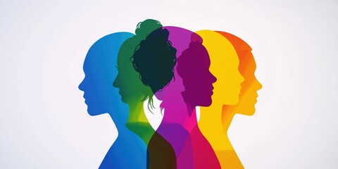 Group of silhouette heads in different colorful colors as a team.