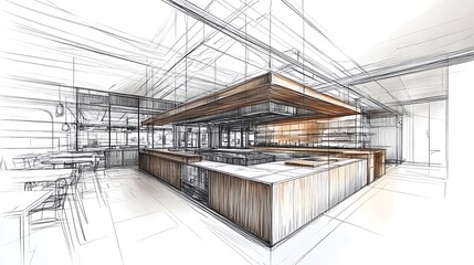 Obraz premium Stunningly Detailed Restaurant Interior Design Sketch: Architectural Illustration. AI Generated