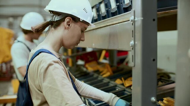 Young female worker wearing safety hard hat, uniform and gloves, sorting details on shelf in industrial factory, her colleague working in background