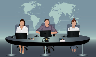 men in a office, working in call center, , logistics, fast call call center, express, laptop, computer, businessman vector,book and copybook in a table, coffee, mouse, headphone, phone