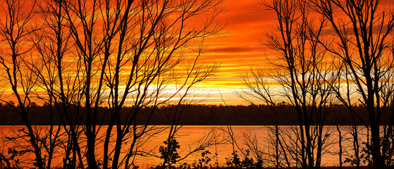 Fiery Sunset Silhouette Lake, Trees, and Autumnal Hues