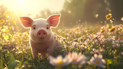Adorable piglet in sunlit meadow with wildflowers. Sunlit. Illustration